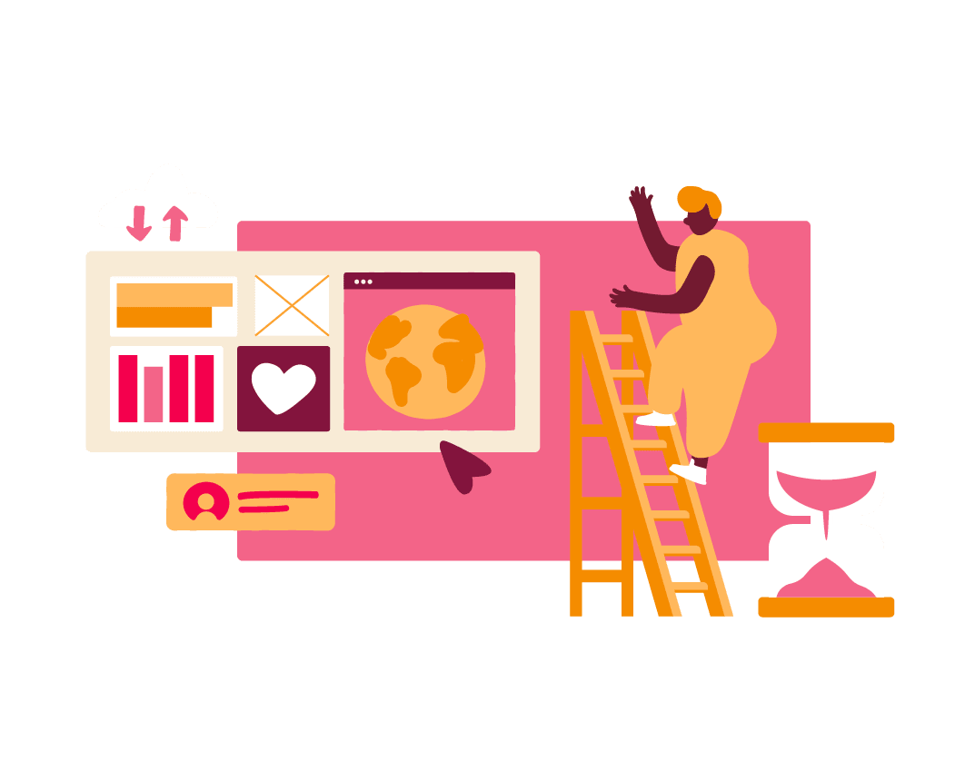 illustration of a person on a ladder near a computer screen with graphs and an earth icon, colorful design representing digital growth and time management