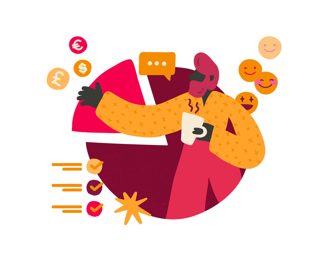 business analytics, person with coffee and charts, smiling emojis, representing data and communication concepts