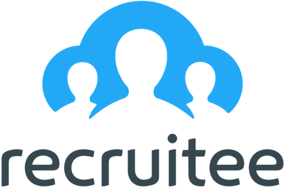 recruitee logo with stylized figures representing teamwork and collaboration, blue cloud shapes symbolizing recruitment services