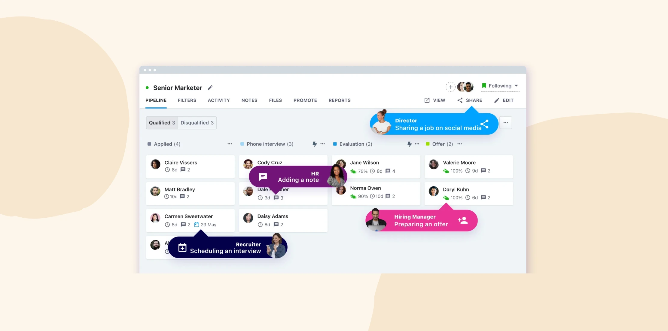 Senior marketer pipeline with various candidates, HR notes, and hiring manager offers displayed on a digital interface.