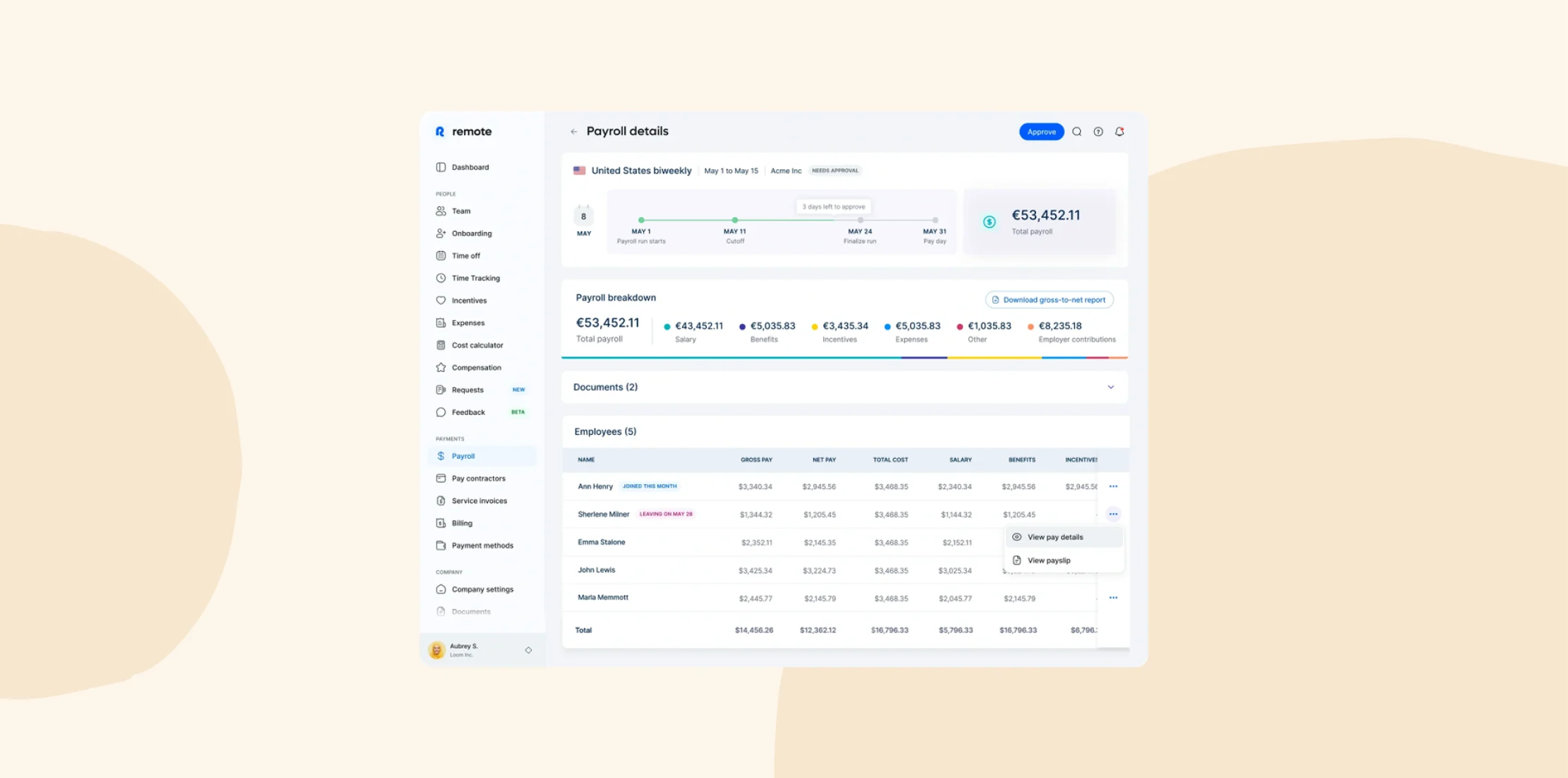 Payroll dashboard displaying total payroll details, employee earnings, and expense breakdowns in a user-friendly interface. , payroll, dashboard