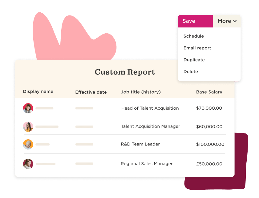 Custom report displaying job titles and salaries in a modern interface with action options. Includes colorful graphics. , custom-report, job-titles-and-salaries