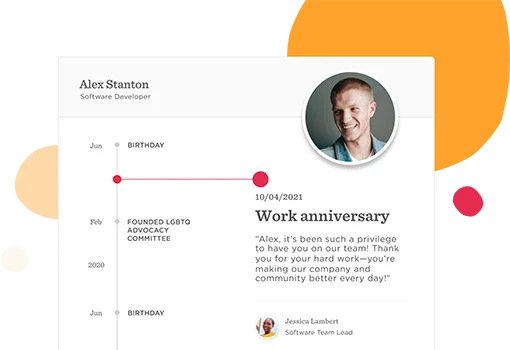 Alex Stanton, Work anniversary and timeline highlighting contributions in LGBTQ advocacy and software development.