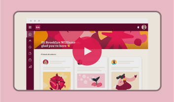 application interface, colorful background with a play button and welcome message
