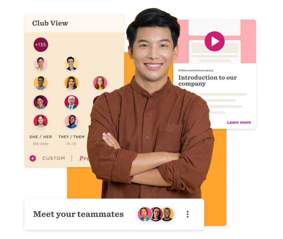 team member smiling, Club View with teammate profiles and introductory content on a colorful background