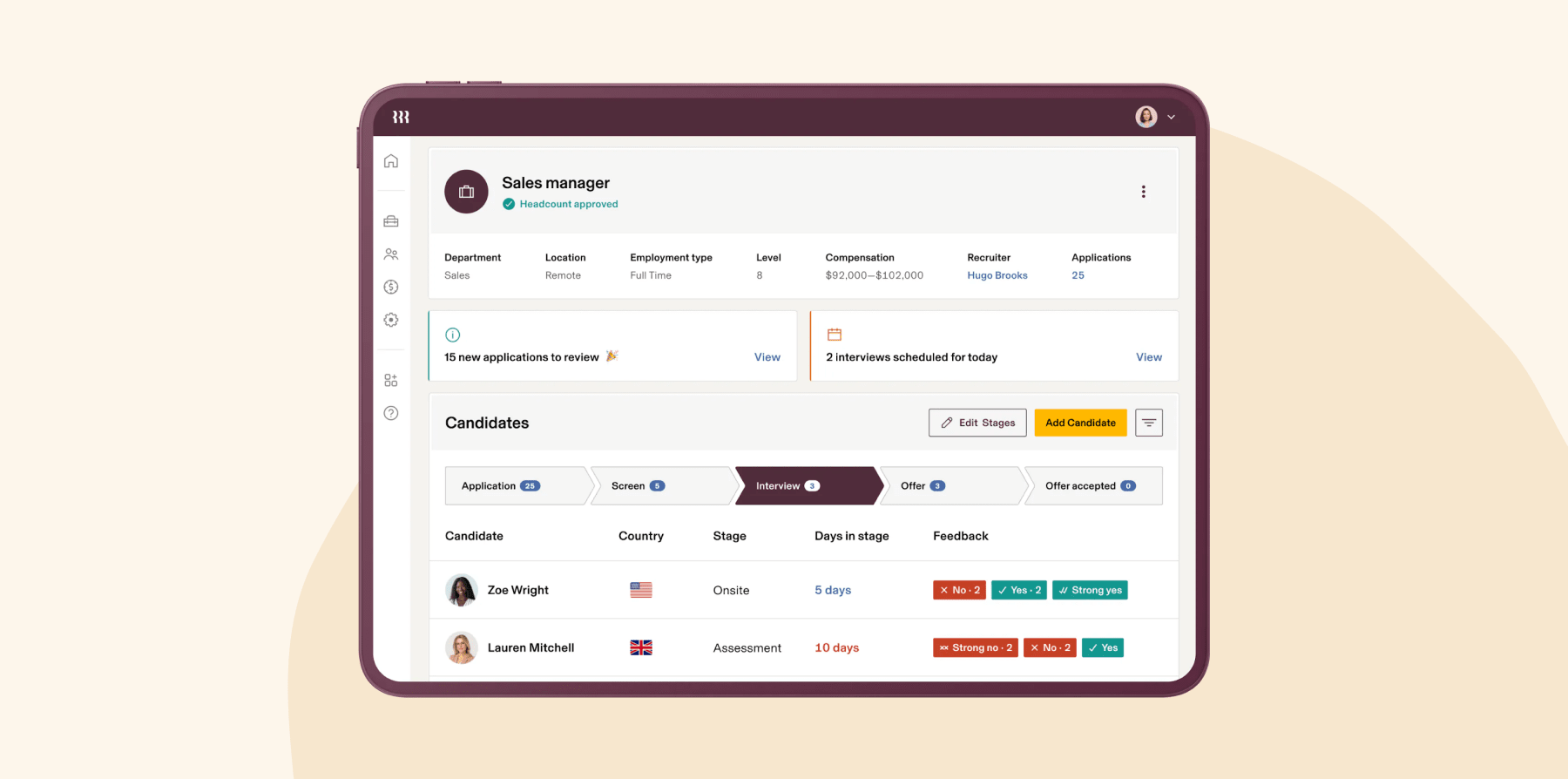 job dashboard displaying Sales Manager position, candidate details, and application stages on a tablet, Sales Manager job details and candidate applications overview