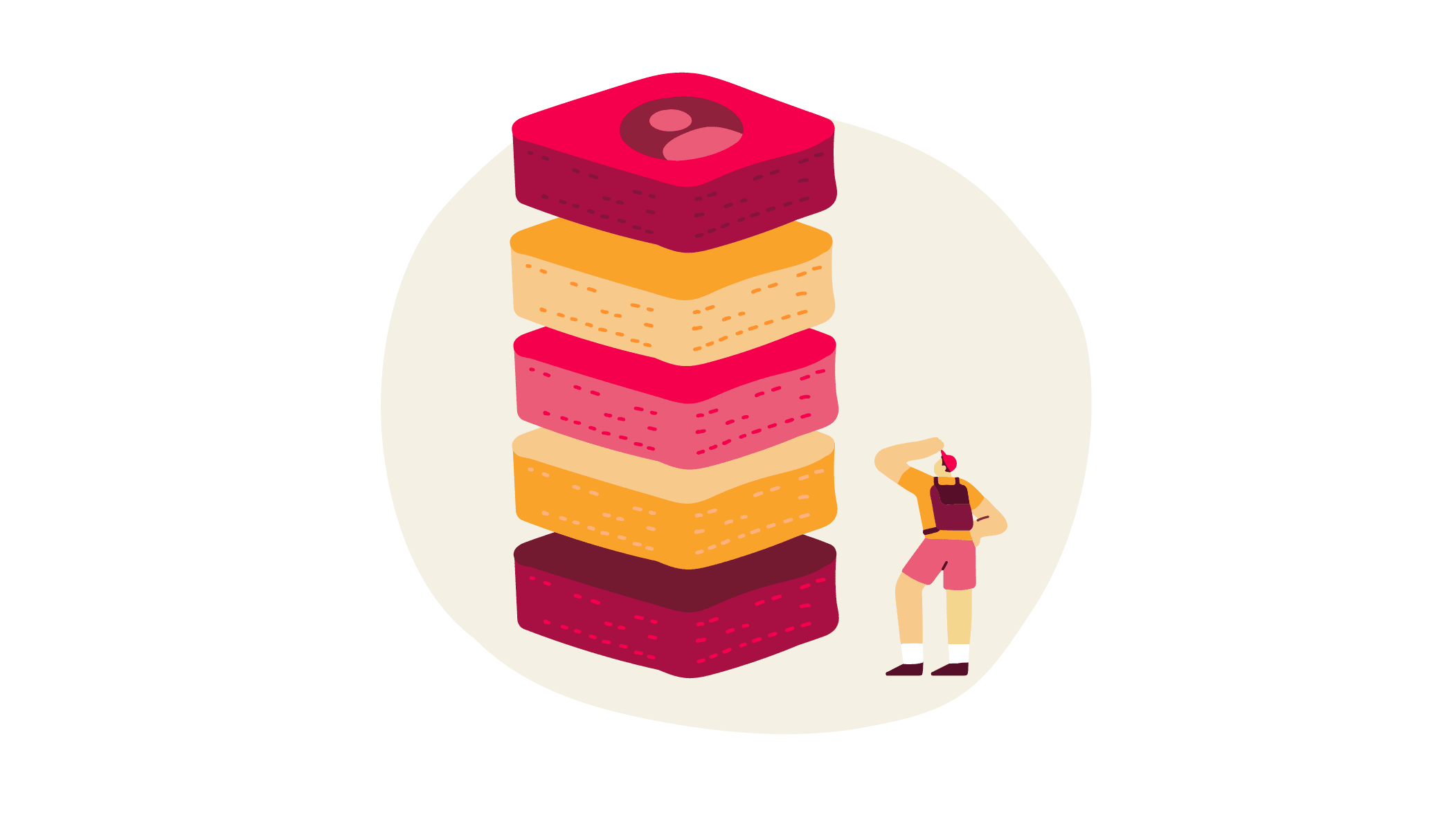 stacked colorful desserts, person contemplating dessert height