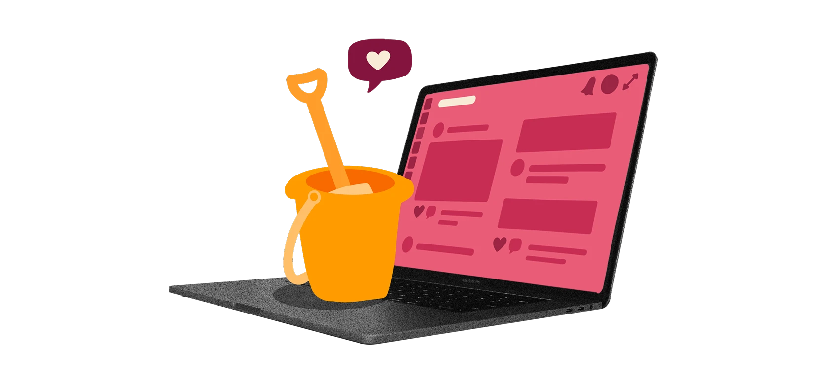 laptop with pink social media interface and orange bucket & shovel, symbolizing digital creativity and exploration, digital creativity, social media interaction