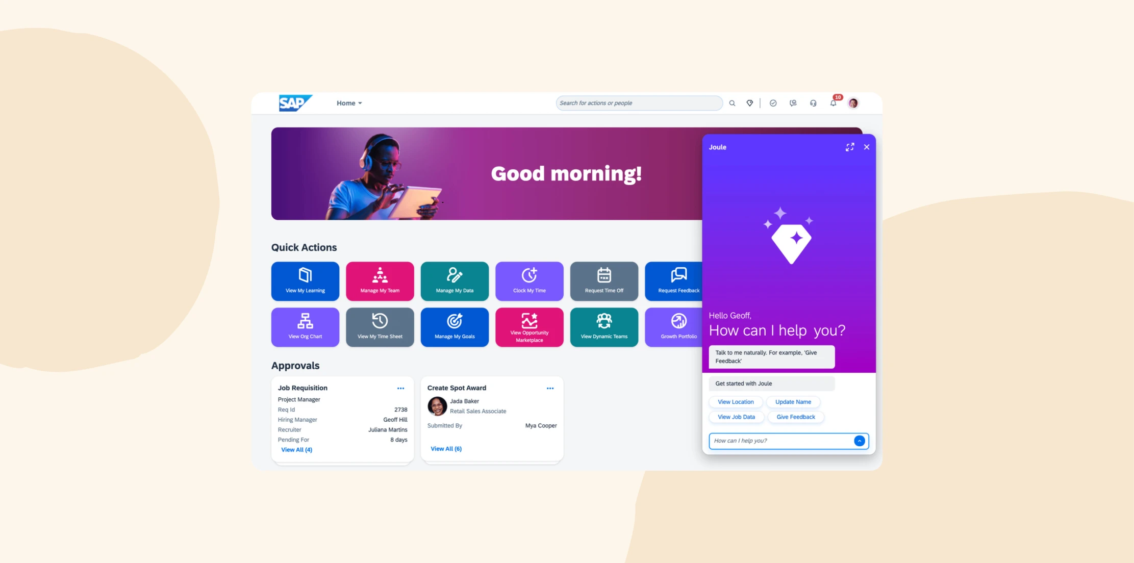 SAP interface displaying user-friendly actions, chat support and approvals with vibrant colors and a personalized greeting. QuickActions, ChatSupport