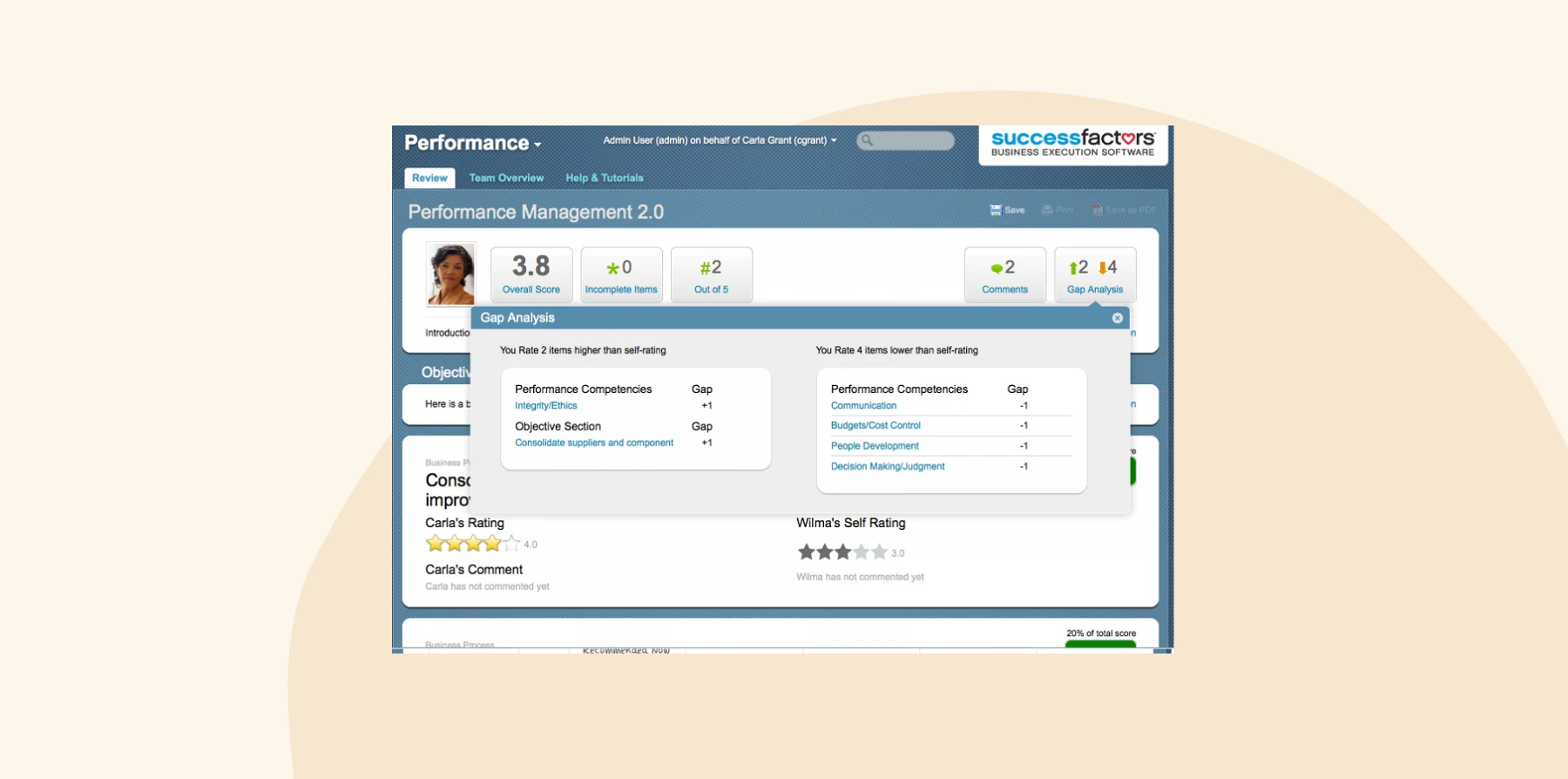 performance management software interface, gap analysis performance competencies and self-ratings overview