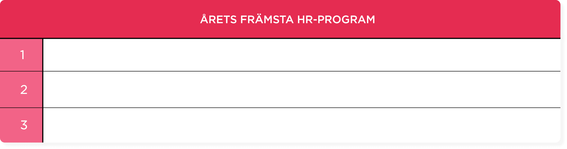 ÅRETS FRÄMSTA HR-PROGRAM title table with three empty rows for entries, HR program award table design with pink accent