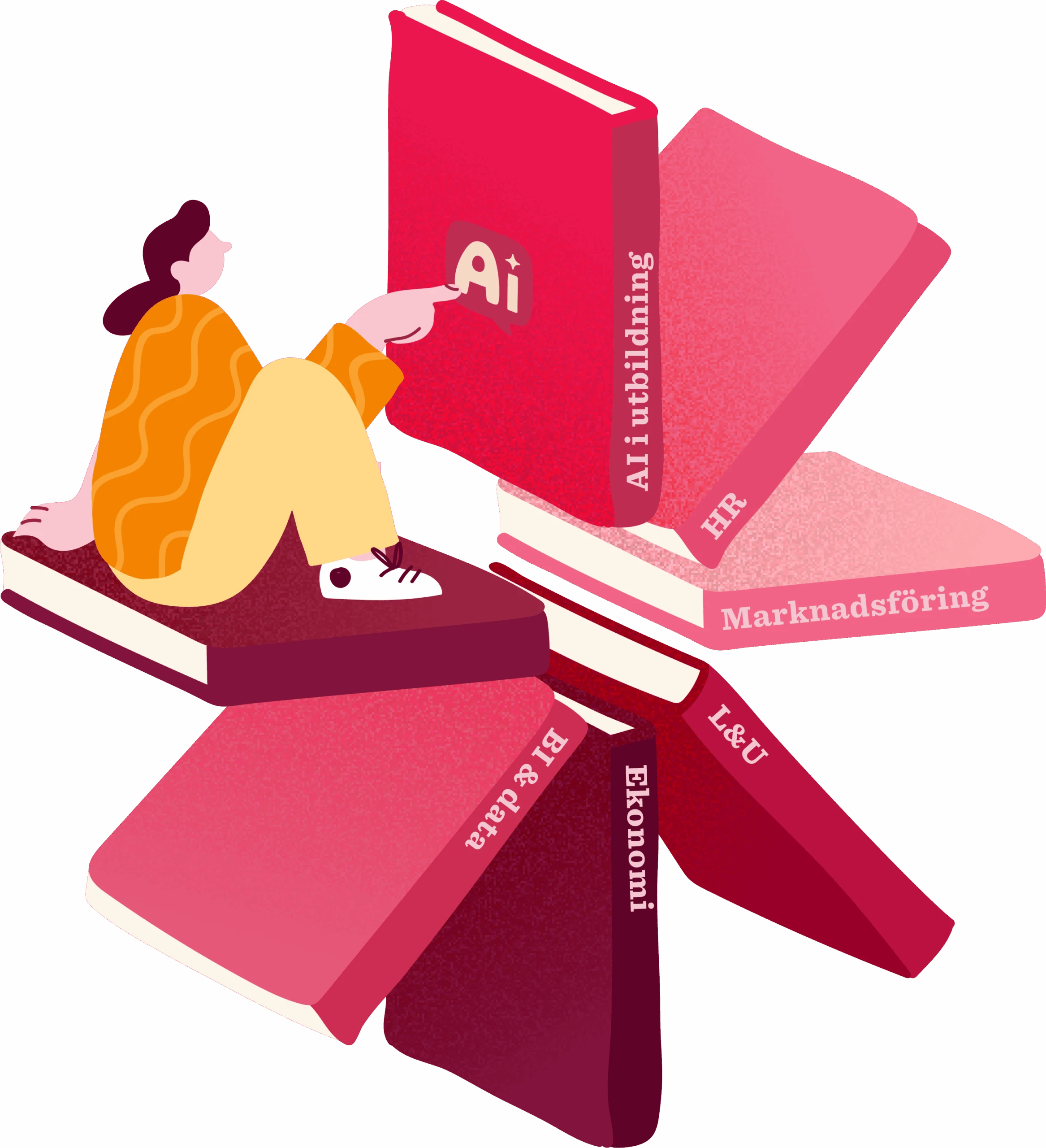 AI education illustration featuring a person interacting with books on HR, Marketing, and Economics on a vibrant red background. AIeducation, books, HR, Marketing, Economics