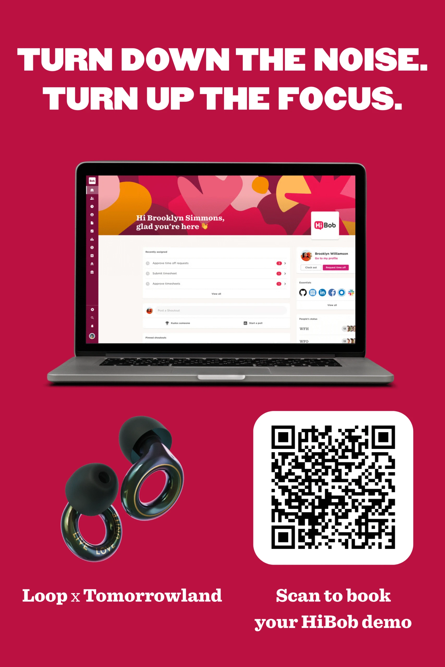 HiBob platform on a laptop with earbuds and a QR code for booking a demo. Bright background and bold text for emphasis. , HiBob, earbuds