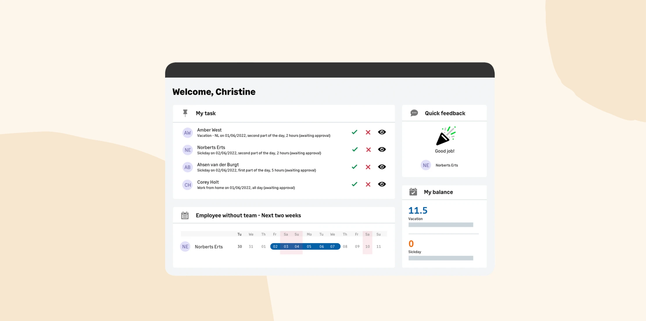 dashboard, task management system with user details, task status and feedback notifications