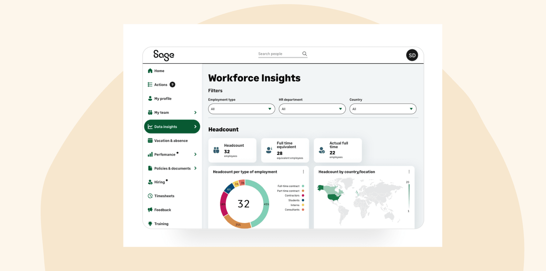 workforce insights dashboard showing employee headcount and employment types, data insights section with filter options and visual data analysis
