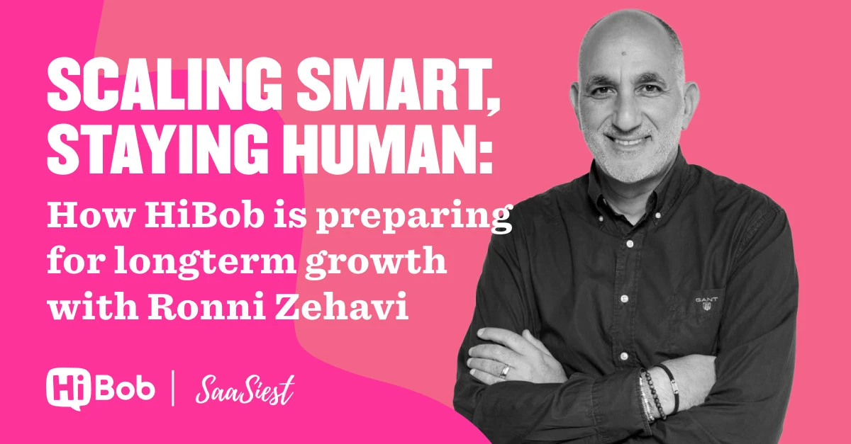 Scaling smart, staying human: HiBob's growth insights featured with Ronni Zehavi on a vibrant pink background., HiBob, SaaSiest