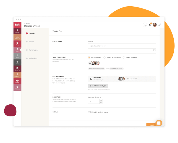 manage cycles interface, employee review setup details