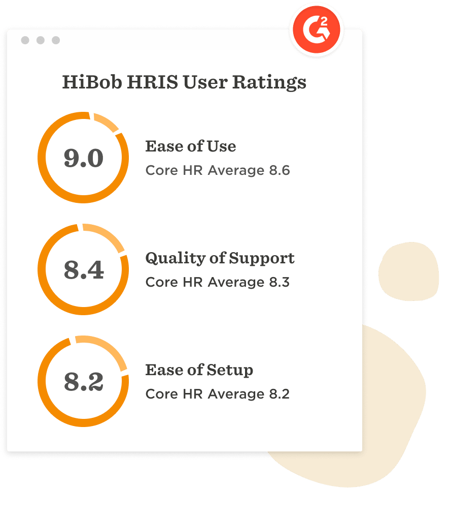 HiBob HRIS user ratings graphic with ease of use, support quality, and setup ease scores. Clear visual indicators present. 9, 8.4, 8.2