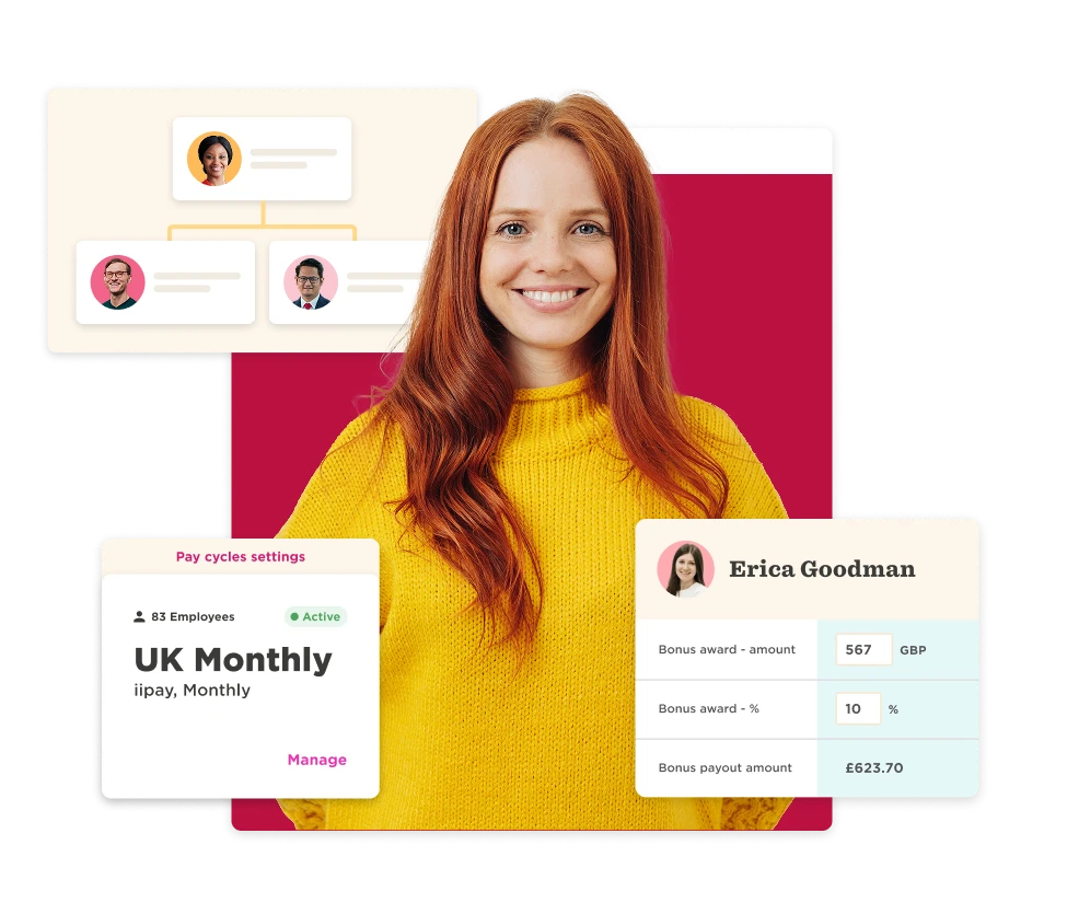 smiling woman in yellow sweater with pay settings, employee bonus details, and team structure illustration, employee management and bonus overview