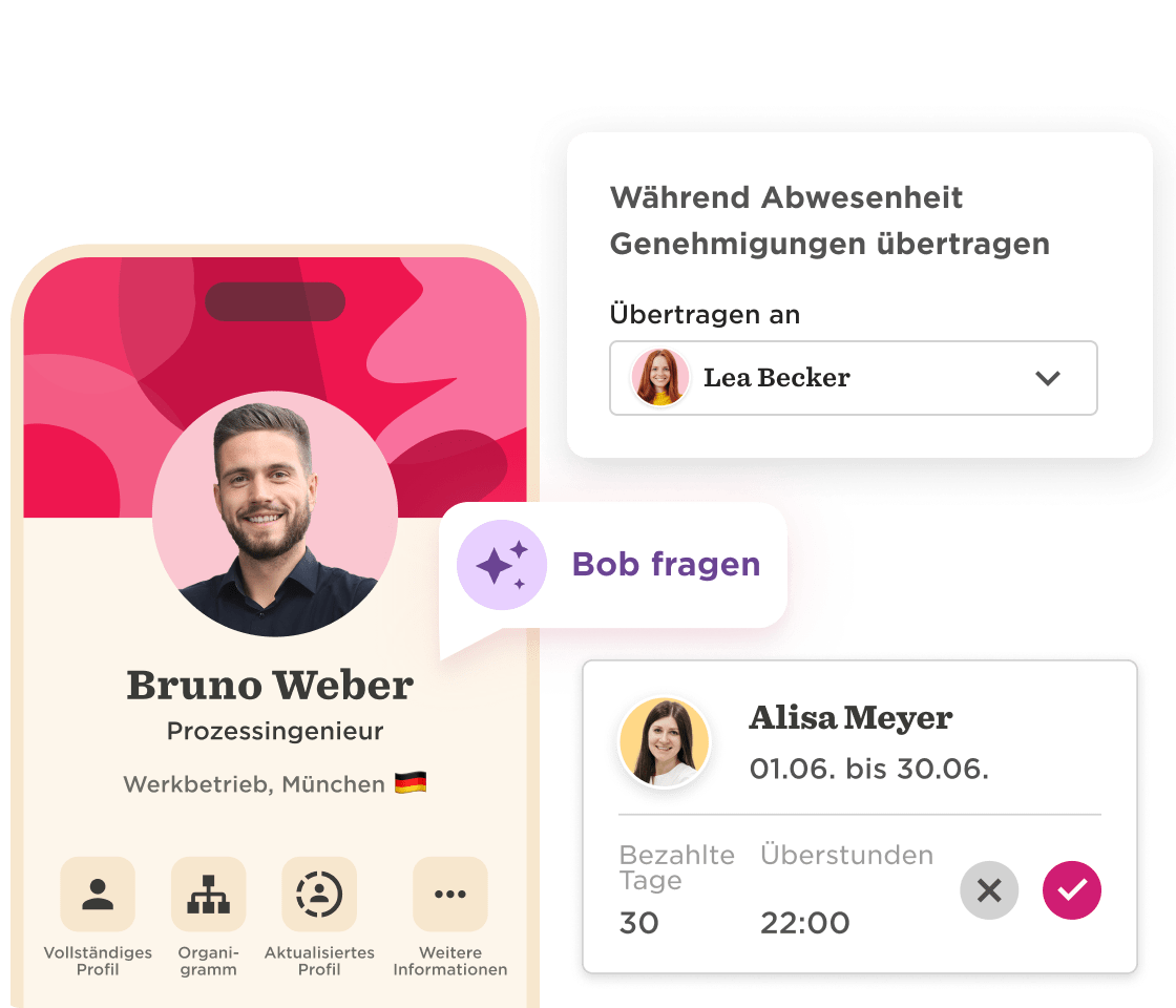 Bruno Weber's profile with options for leave approvals and details about Alisa Meyer's paid days and overtime. bruno_weber, alisa_meyer