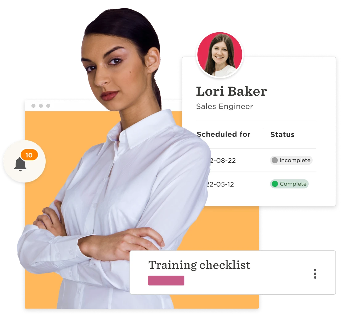 sales engineer profile with training checklist and notification alert, woman in white shirt standing confidently with crossed arms