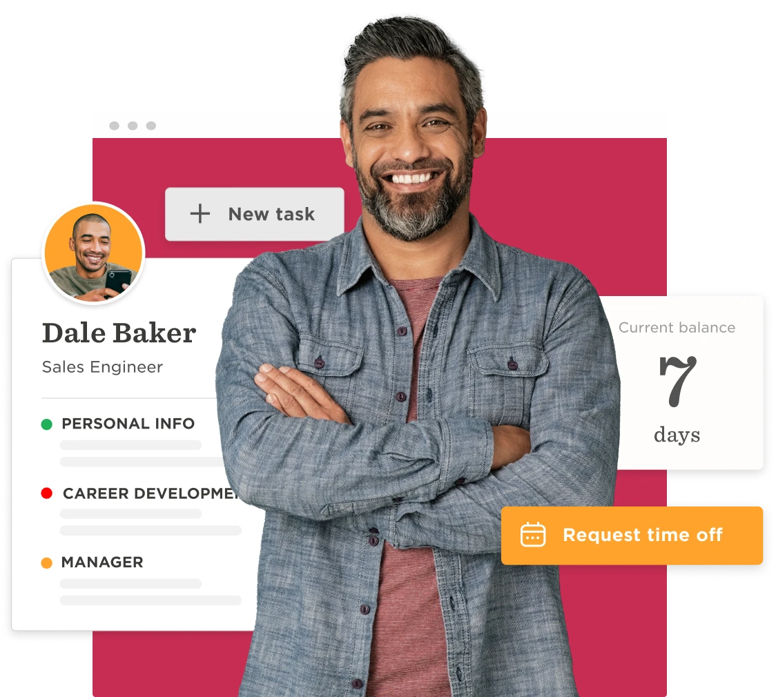 professional man smiling with crossed arms, user interface elements with personal info and balance of 7 days, sales engineer profile with task management features and request time off option