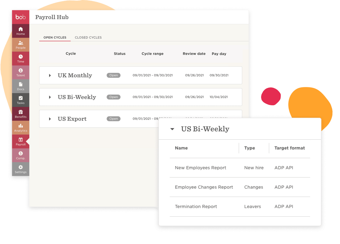 payroll hub interface displaying open cycles like US Bi-Weekly and related reports for employee management, UI with payroll cycles and report details