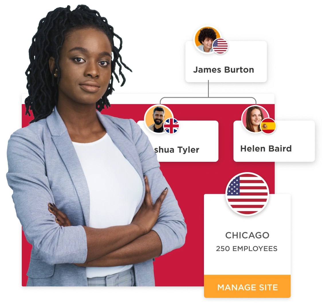 professional woman with crossed arms, Chicago location info, team members include Joshua Tyler, James Burton, and Helen Baird, professional woman, team management, Chicago location, diverse team members