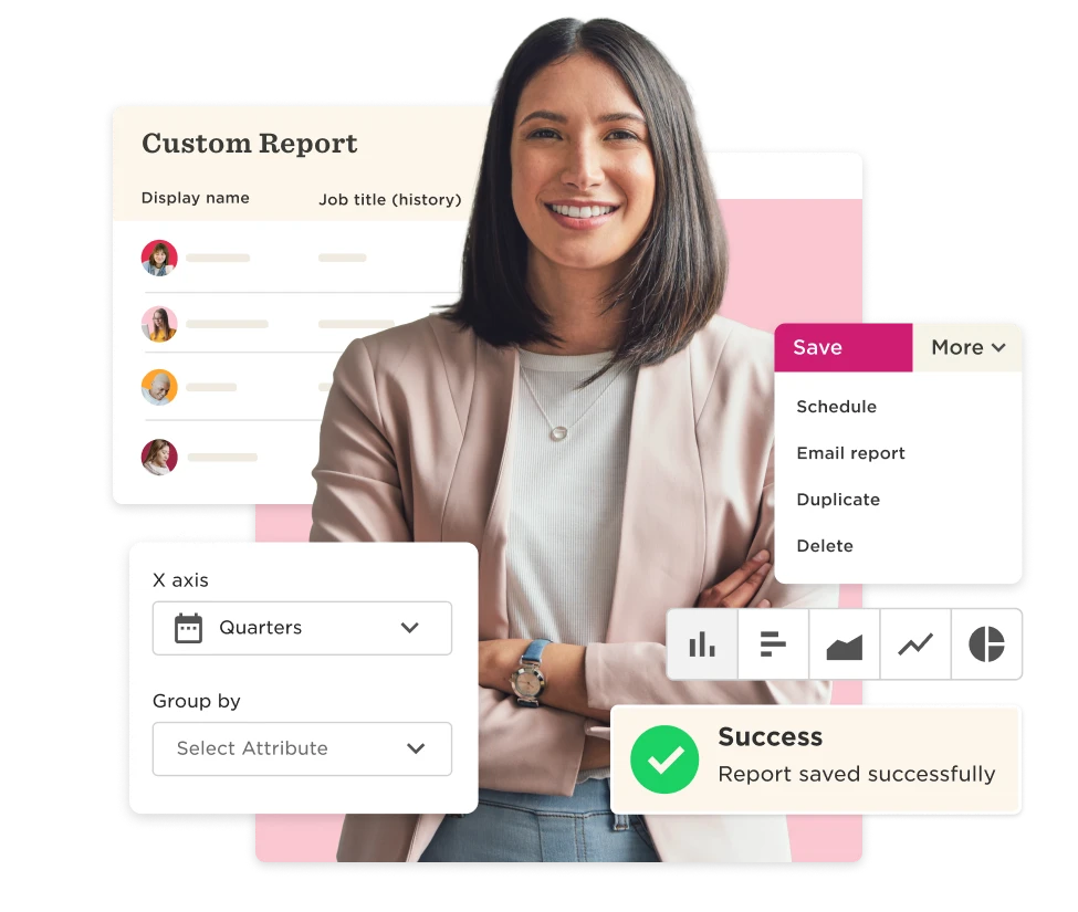 Custom report interface featuring a woman smiling, data visualization options, and a success notification for saving reports. custom-report, data-visualization