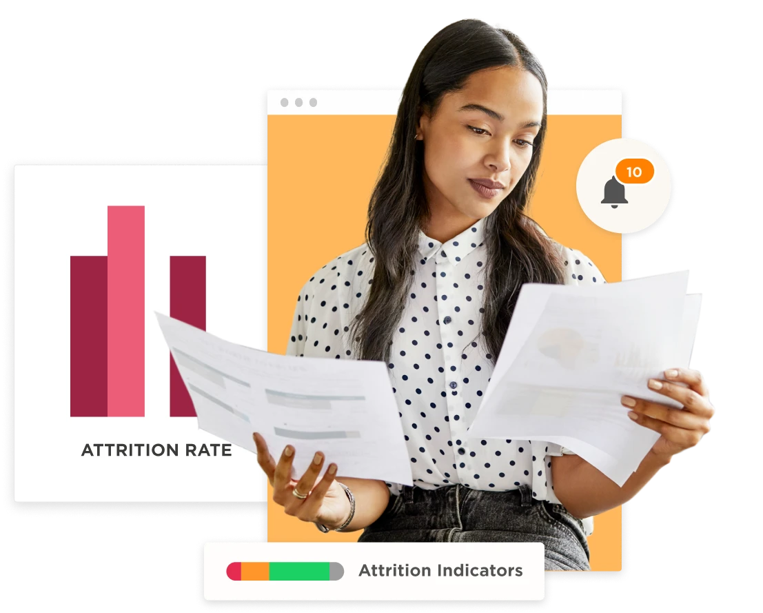 woman reviewing reports on attrition rate over bar graphs, workspace with attrition indicators and notification alert