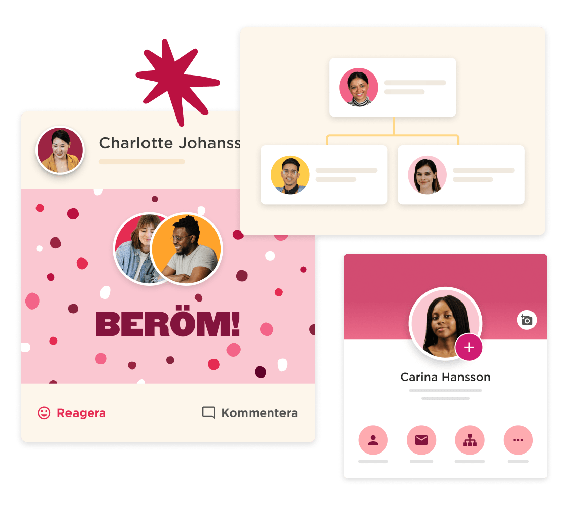 Charlotte Johansson's profile with vibrant design, featuring the word "BERÖM!" and user interaction options., Colorful profile layout with user connections and engaging design elements.