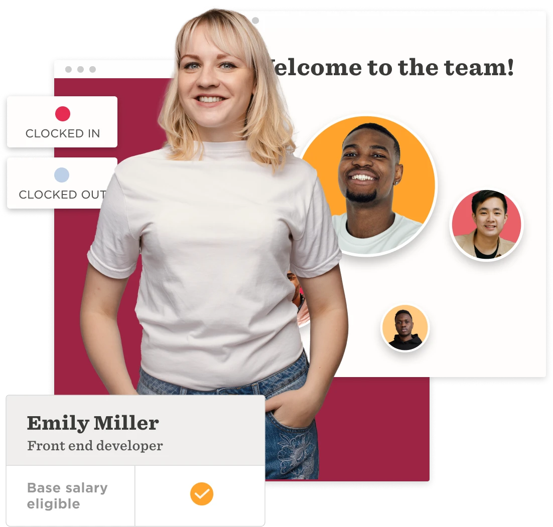 welcome to the team, Emily Miller front end developer with clock in/out indicators and team member highlights