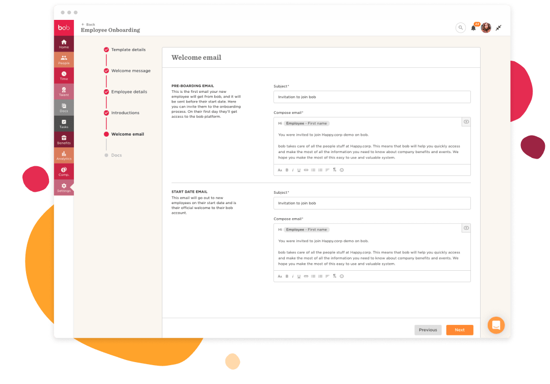 welcome email interface for employee onboarding, featuring pre-boarding and start date email templates, employee onboarding software design