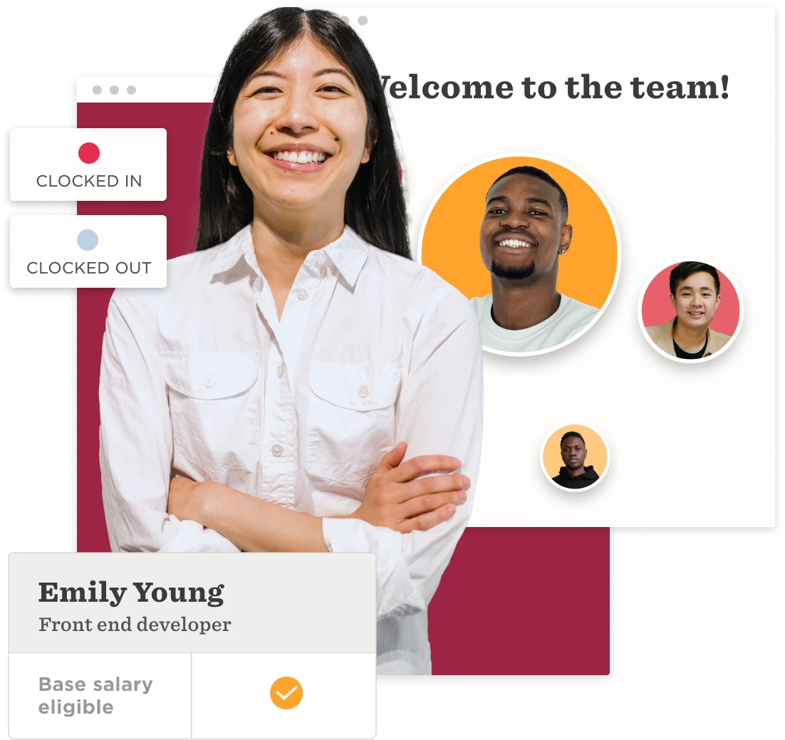welcome to the team sign, female employee smiling with team photos and status indicators, showcasing collaboration