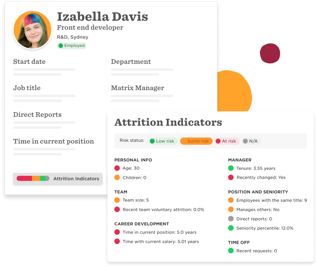 Izabella Davis profile with attrition indicators, risk status, personal info, team details, and career development metrics., employee profile, attrition risk indicators