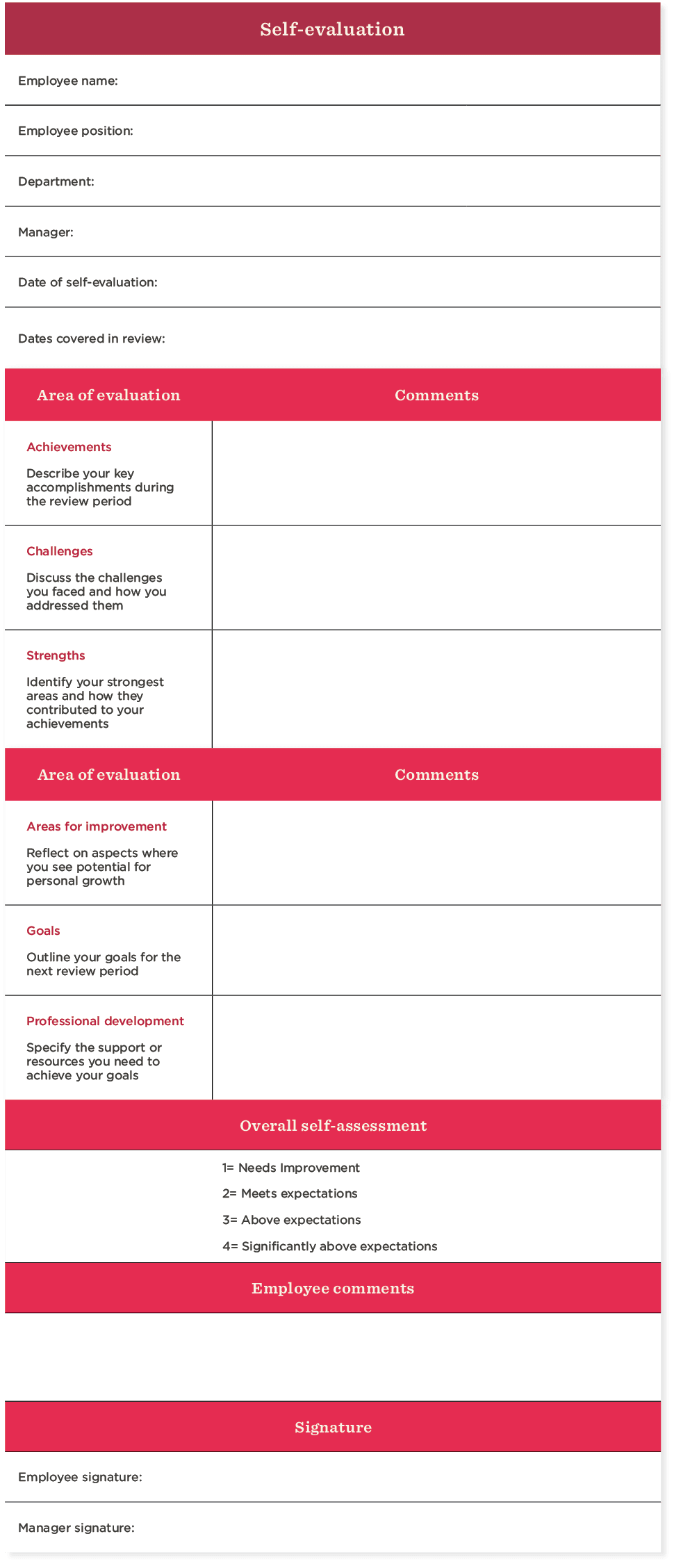 employee self evaluation performance review
