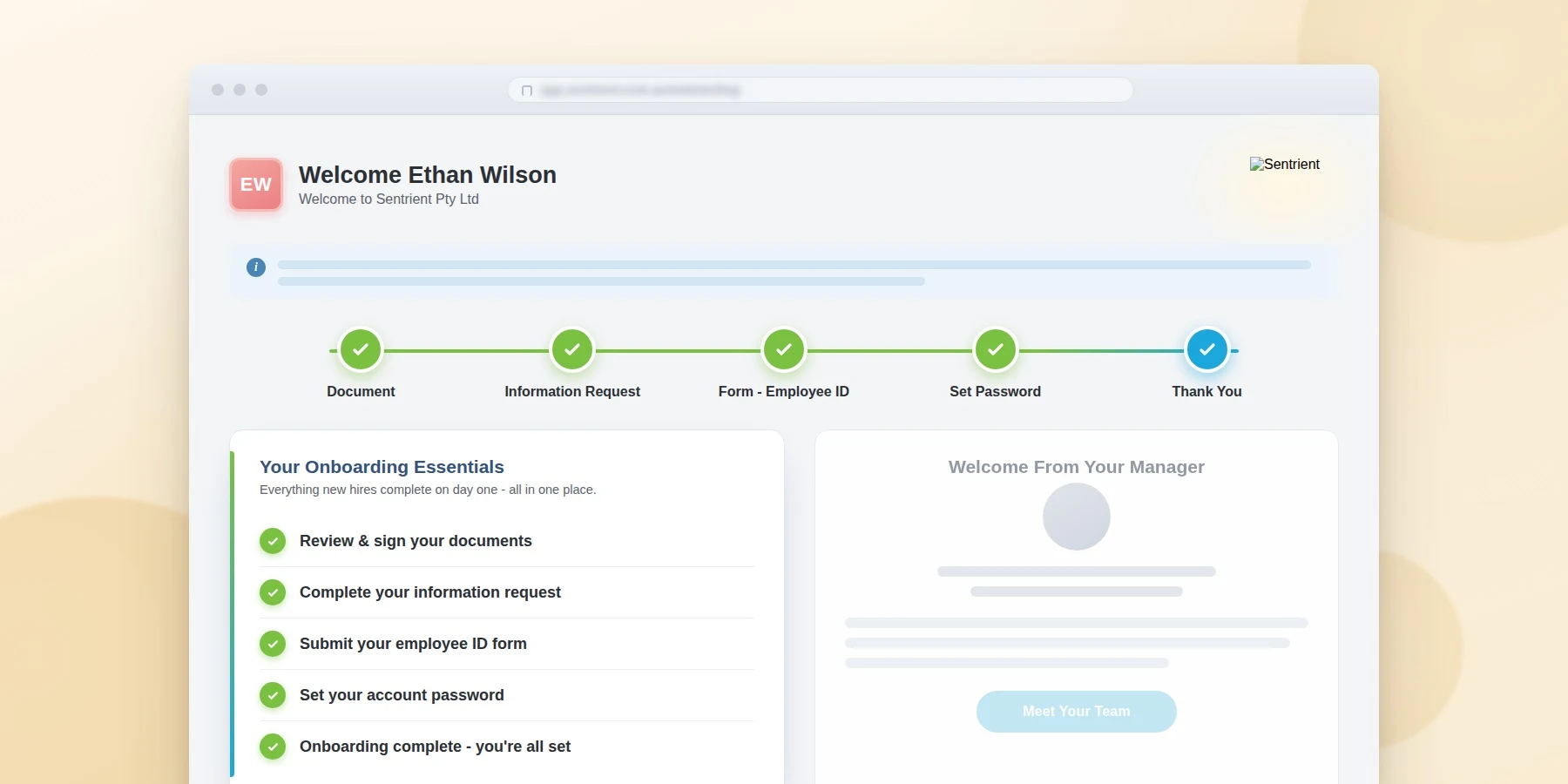 Welcome screen for new hires at Sentrient, showing onboarding steps and a friendly greeting from the manager. welcome screen, sentrient onboarding