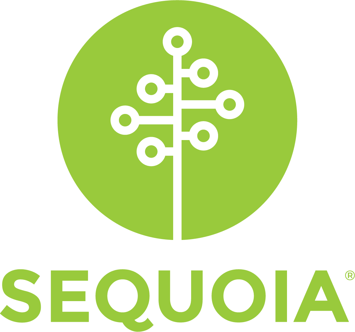 tree logo on green circle background representing Sequoia brand, modern design with stylized tree and bold typography