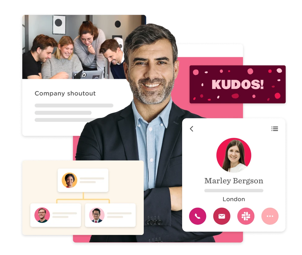 person smiling in a suit with company shoutout messages and employee profiles displayed in a vibrant layout, business recognition and teamwork visual elements showcasing professional engagement