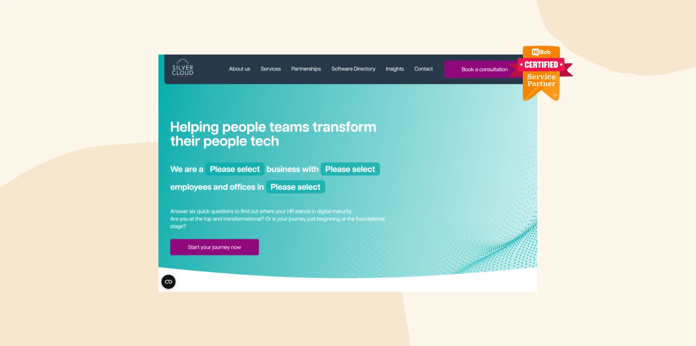 helping people teams transform their people tech web interface with options for business selection and consultation button, digital transformation services website design