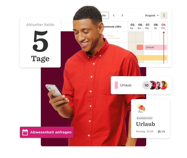 Aktueller Saldo 5 Tage Urlaub, Person mit Smartphone, digitale Abwesenheitsanfrage, Kalenderansicht des Monats., Urlaubstage, digitalePlanung