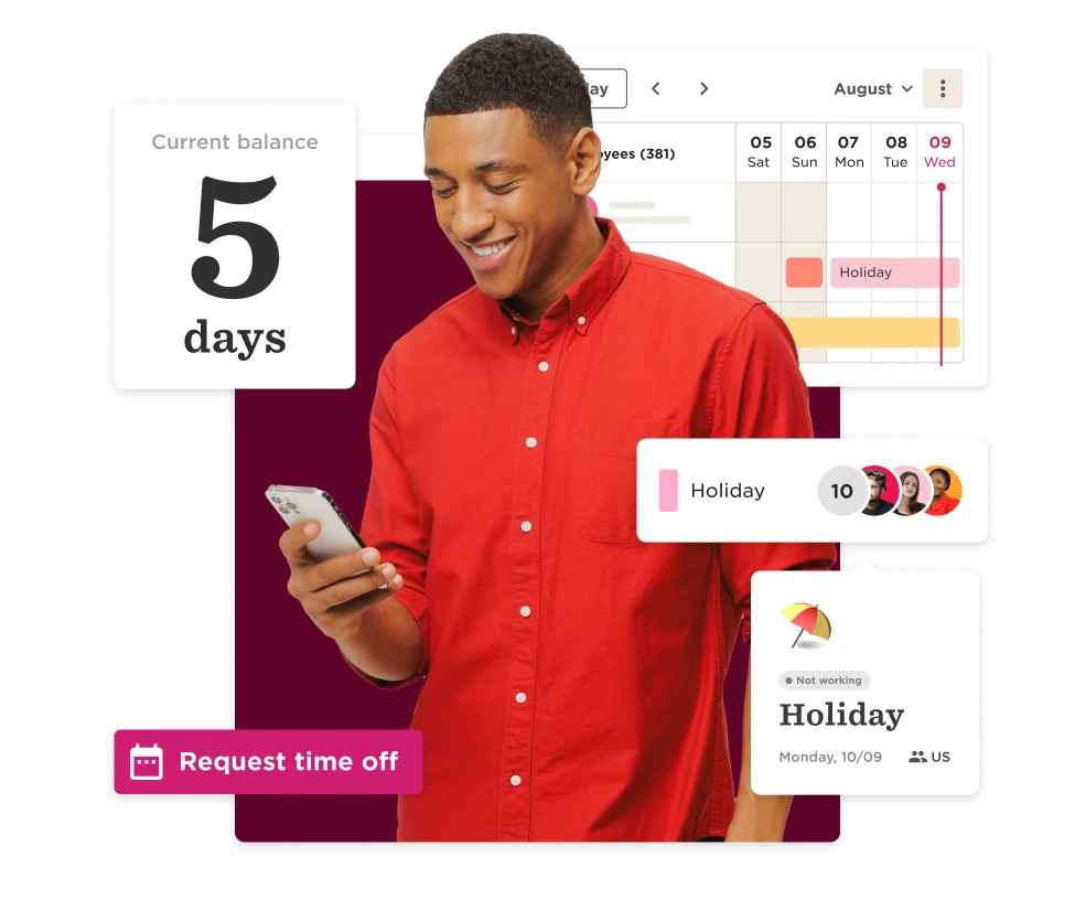 current balance of 5 days holiday; man in red shirt using smartphone with request time off graphic, calendar showing holiday date