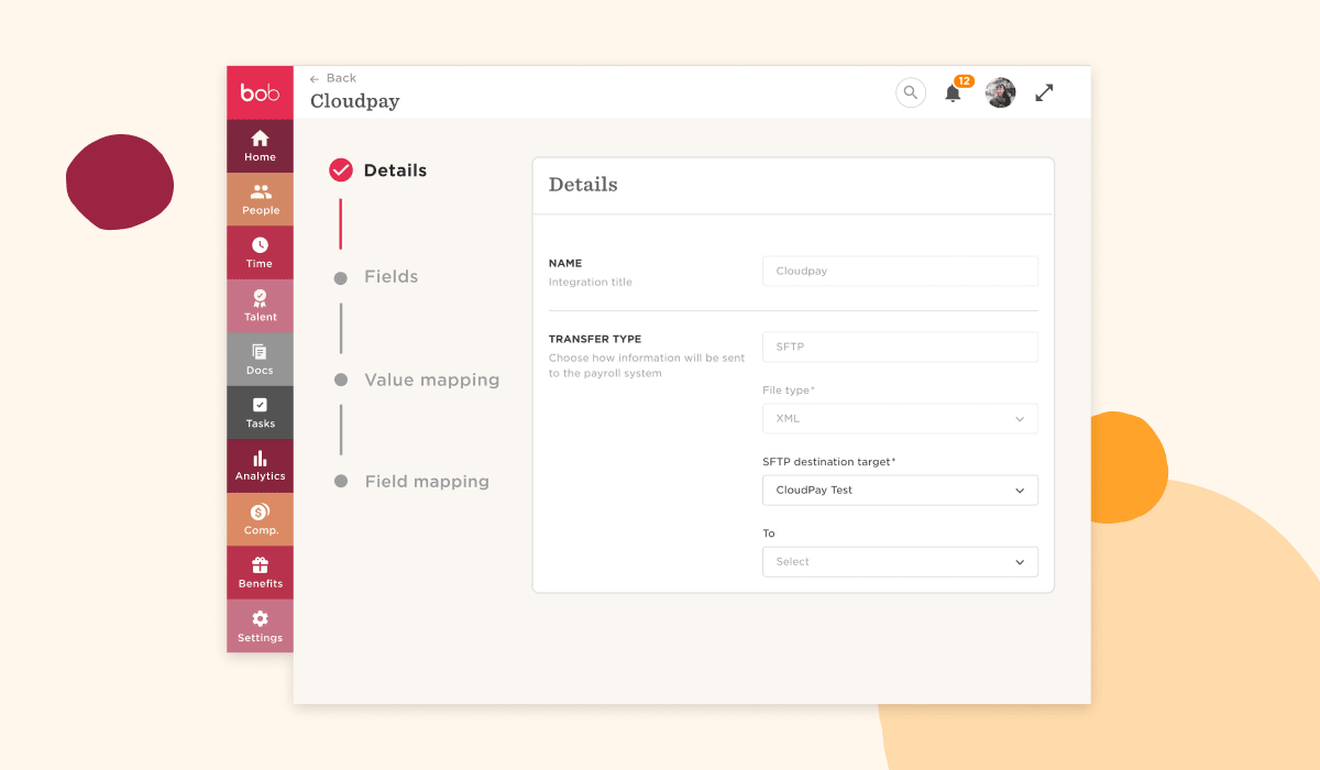 cloudpay integration details interface with SFTP transfer type and XML file options, nav menu with icons for payroll management features