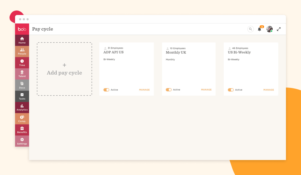 pay cycle management interface with options to add cycles, showing employee counts and active statuses, HR software dashboard displaying pay cycles and management settings, focusing on employee details and frequency