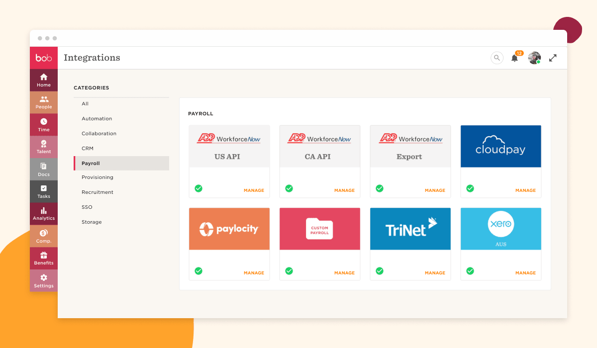 bob Integrations interface showcasing payroll options with logos of services like ADP, Paylocity, and TriNet. Manage settings easily., Payroll integration screen with service logos including cloudpay and Xero, highlighting management options.