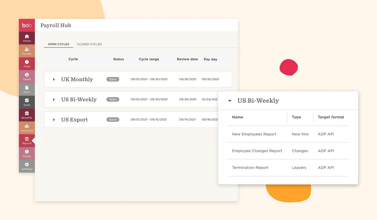 payroll hub interface displaying open and closed payroll cycles, including UK Monthly and US Bi-Weekly cycles, report types and formats in payroll system