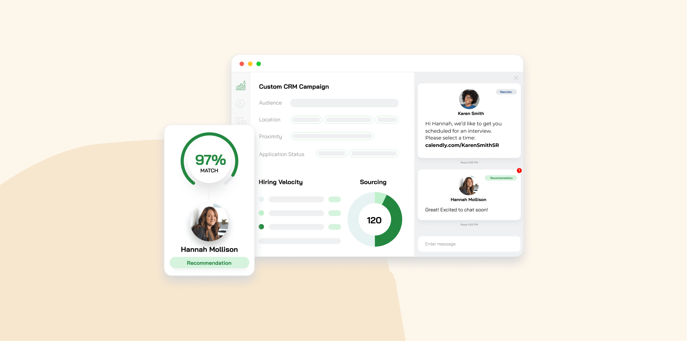 custom CRM campaign interface with candidate match score, communication with recruiters, and applicant tracking features, 97% match score for candidate Hannah Mollison