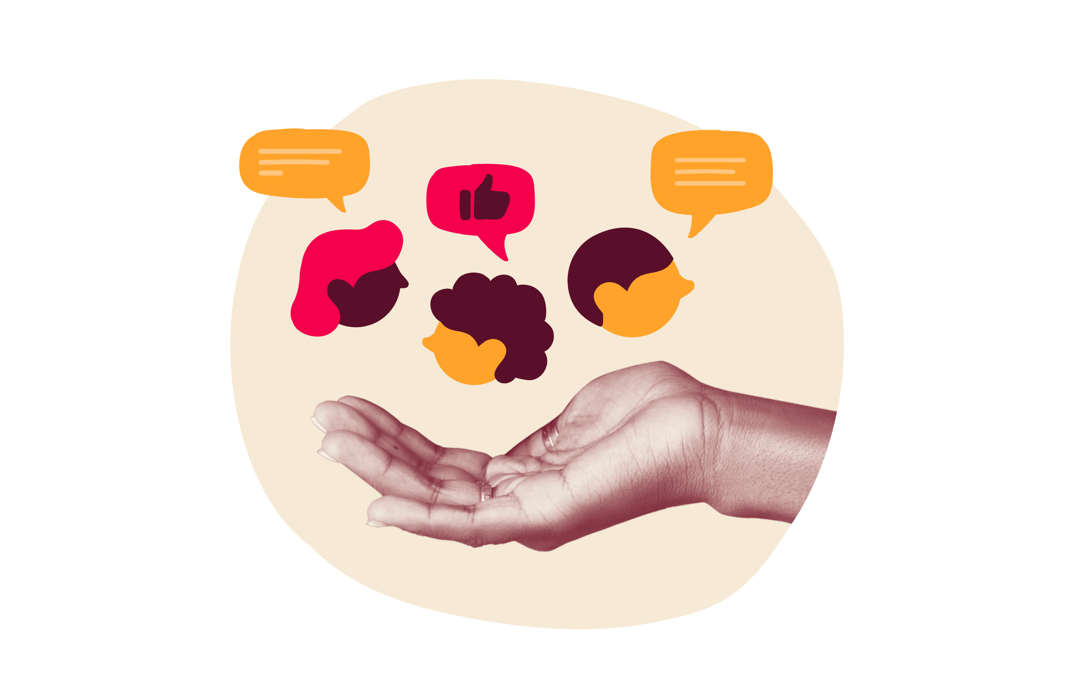 hand holding communication icons, diverse speech bubbles and faces symbolizing conversation and connection