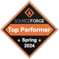 SourceForge Top Performer badge, Spring 2024, featuring an orange diamond shape with a flame icon, Award recognition for top software performance 2024