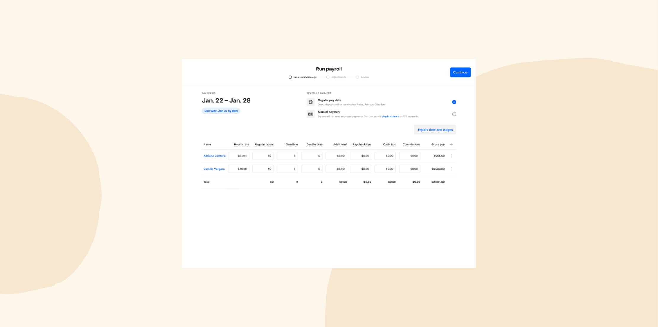 Run payroll interface showing employee names, hourly rates, hours worked, and payment details for a specific pay period., Payroll management system overview highlighting earnings, payment types, and due dates.